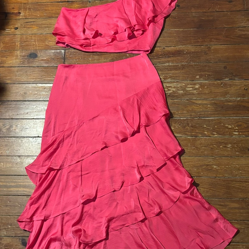 Elegant Pink Ruffled One Shoulder Top &  Skirt